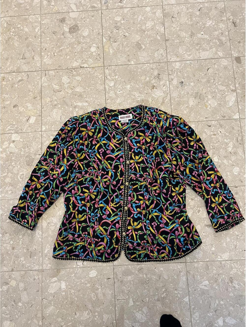 Vintage Maggy London 100% Silk Ribbon Bow Print Jacket Blouse Black Gold Trim L